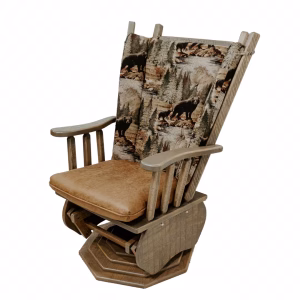 A wooden rocking chair with a brown leather cushion and deer print fabric backrest sits on a circular wooden base with gold-colored accents.