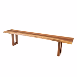 A light-colored wooden bench with a natural edge and square legs sits against a white background, emphasizing its minimalist design and warm hue.