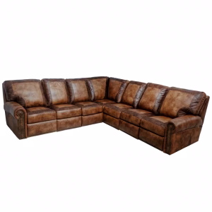 A brown leather sectional sofa with six matching cushions, two armrests, and a curved backrest is arranged in an L-shape against a white background.