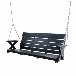 A black wooden swing with a horizontal slat design and cross-shaped armrests is suspended by chains against a white background.