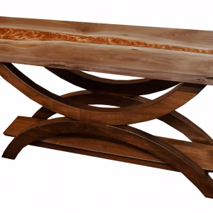 A wooden table with an intricate inlay of orange and brown wood creates a sense of depth and perspective, exuding a rustic charm.