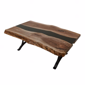 A rectangular coffee table with a dark brown wood top and black metal base features a flowing black inlay, exuding a natural, rustic aesthetic.