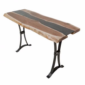A wooden table with a dark inlay of gray and black lines features a natural edge and two black metal legs, exuding a rustic charm.