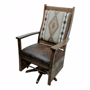 A wooden chair with a brown leather seat and backrest, featuring a geometric patterned cushion, stands against a white background.