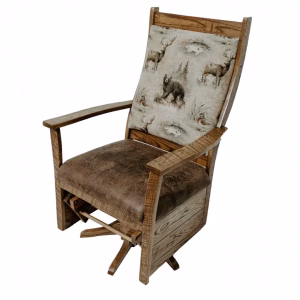 A wooden rocking chair with a brown leather seat and deer head cushion is captured in a side view, showcasing its rustic charm.