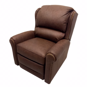 A brown leather recliner chair with side and backrest, button tufts, and armrests is positioned against a white background.