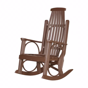 A brown wooden rocking chair with a curved backrest and armrests, positioned on a curved wooden base, is shown against a white background.