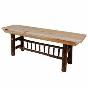 A light-colored wooden bench with a natural wood grain texture sits on a white background, supported by four sturdy legs and a horizontal wooden plank.