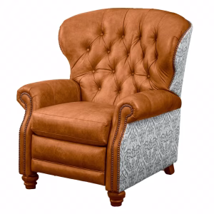 A classic brown leather armchair with tufted backrest, button tufting, and floral patterned fabric seat and backrest sits against a white background.
