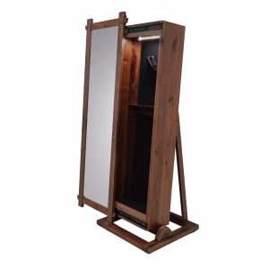A wooden armoire with a mirror and shelves stands against a white background, exuding a rustic charm with a slightly ajar door and a soft light source.