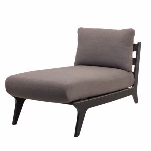 A gray chaise lounge with curved backrest and armrests, wooden frame, and padded seat and cushion, offers a luxurious relaxation experience.