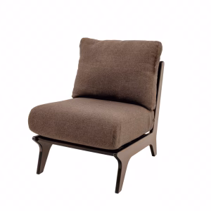 A brown armchair with a wooden base and curved backrest sits against a white background, showcasing its slightly upturned seat and upright armrests.