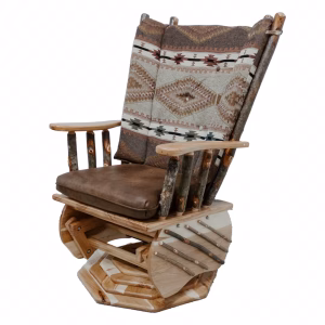 A wooden rocking chair with a brown cushion and geometric pattern sits on a circular base, exuding a rustic charm.