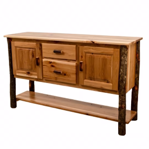 A wooden sideboard with two drawers and a shelf stands against a white background, showcasing a natural and rustic aesthetic.