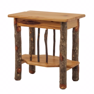 A light-colored wooden end table with a natural, rustic finish and branch legs stands against a white background, showcasing its intricate design.