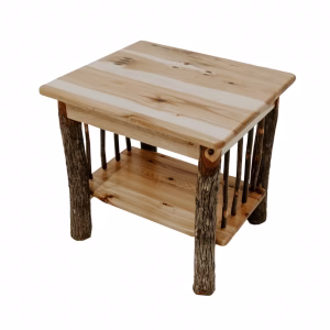 A wooden end table with a natural finish and rustic charm features a shelf and rod structure, ideal for storage or decorative purposes.