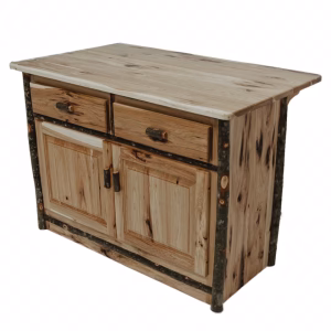 A wooden kitchen island, crafted from light-colored wood and featuring two drawers and two doors, stands against a white background, showcasing its rustic charm.