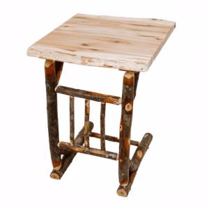 A rustic wooden side table, crafted from tree branches and logs, features a natural finish and unique design, with a central horizontal support and vertical legs.