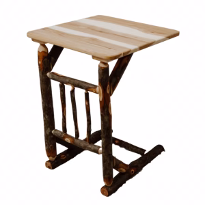 A wooden side table with a natural, rustic appearance features two sturdy legs, a crossbar, and a light-colored wood top accent with dark inlay.