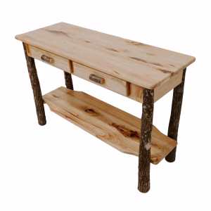A light-colored wooden desk with two drawers and a shelf stands against a white background, showcasing a natural and rustic aesthetic.