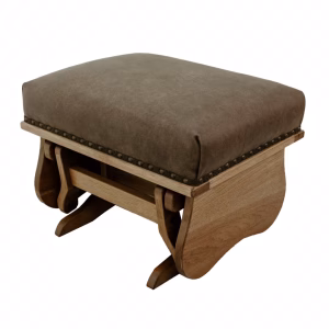 A dark wooden ottoman with a curved base, padded seat, and decorative metal studs stands against a white background.