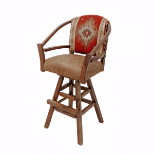 A wooden bar stool with a woven seat and red and white patterned backrest is captured in a studio setting, emphasizing its rustic charm.