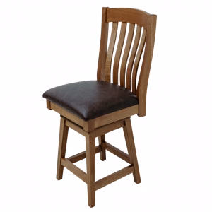 A wooden chair with a curved backrest and armrests, accompanied by a matching wooden footstool, features a natural finish and a brown leather seat against a white background.