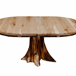 A round wooden table with an oval top and tree trunk base is captured from a side angle, showcasing its light brown, visible wood grain texture.