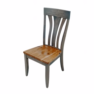A weathered gray wooden chair with a curved backrest and vertical slats on the seat and backrest is captured from a side angle.