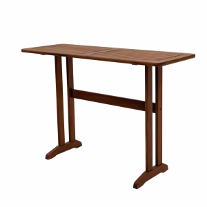 A wooden patio table with a rectangular top, sturdy legs, and a level base stands against a white background.