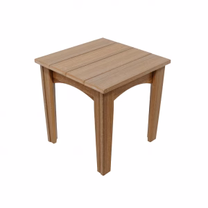 A light-colored wooden patio table with four sturdy legs and a flat top stands against a white background, showcasing its simple and elegant design.
