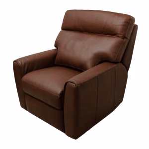 A brown leather recliner chair, with curved backrest and armrests, is positioned at an angle, inviting a cozy view against a stark white background.