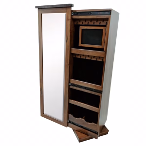 A wooden jewelry armoire with a dark finish and silver accents features a mirror, drawers, and a shelf for displaying necklaces and earrings.