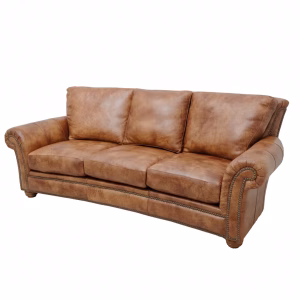 A tan leather sofa with curved backrest and armrests, accented with brass studs, sits against a white background.