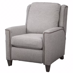 A gray recliner chair with a grid-patterned fabric, dark wooden accents, and side pockets is positioned at an angle, inviting a cozy reading position.