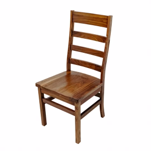 A wooden chair with a square seat, curved back, and four slats stands against a white background, showcasing a natural wood grain pattern.