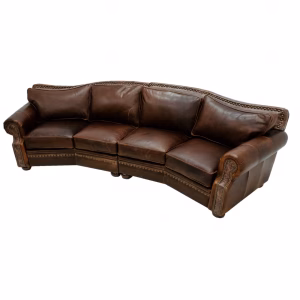 A brown leather sofa with a curved design and wooden legs is arranged in three sections, exuding luxury and comfort against a white background.