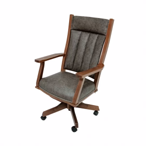A dark wooden office chair with gray leather upholstery, curved backrest, and armrests sits on a five-wheeled base with gold-colored nails.