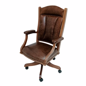 A brown leather office chair with wooden arms, legs, and wheels, adorned with wooden studs, is positioned at a slight angle against a white background.
