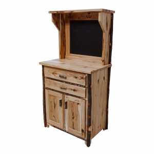 A light-colored wooden cabinet with a sink, two drawers, and a mirror stands against a white background, showcasing a rustic aesthetic.
