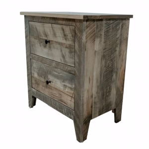 A light gray wooden nightstand with two drawers and black knobs stands against a white background, showcasing a rustic-modern design.