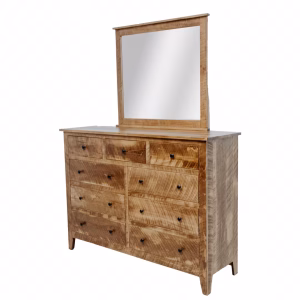 A light-colored wooden dresser with nine drawers and a rectangular mirror stands against a white background, showcasing its intricate grain pattern.