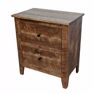 A light brown wooden nightstand with two drawers and a flat top, featuring vertical wood grain and black knobs, stands against a white background.