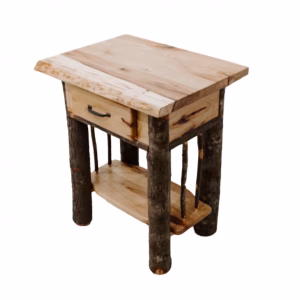 A light-colored wooden nightstand with a natural, rustic finish features a drawer and open shelf, supported by sturdy logs on a white background.