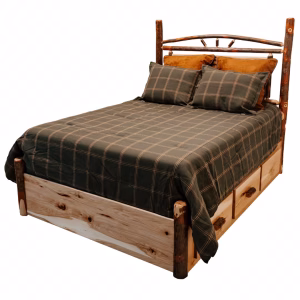 A wooden bed with a plaid comforter, warm brown pillows, and a headboard and footboard sits against a white background, exuding a rustic charm.