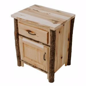 A light-colored wooden nightstand with a natural, rustic finish features a drawer and cabinet door, set against a stark white background.