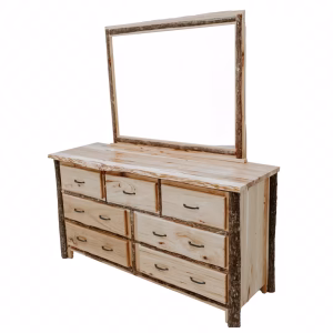 A light-colored wooden dresser with eight drawers and a rectangular mirror stands against a white background, showcasing its rustic charm.
