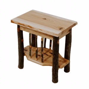 A light-colored wooden end table with natural wood grain and knotty brown legs features a flat top and shelf, exuding rustic charm.