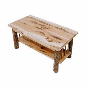 A wooden coffee table with a natural, rough-hewn aesthetic features a single horizontal plank and two vertical supports, topped with a smaller plank and a shelf for storage.
