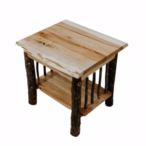 A light-colored wooden nightstand with a natural edge, open shelves, and dark tree branch legs stands against a white background.